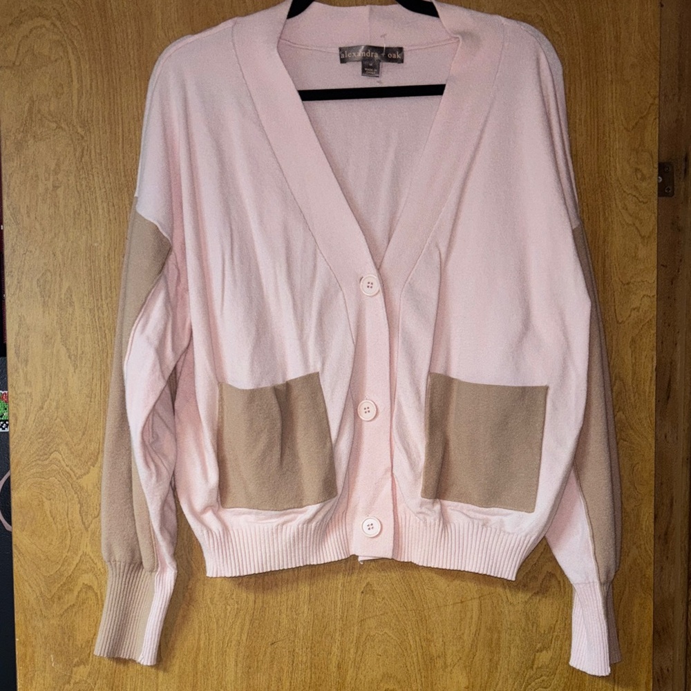 Pink and Tan Women's Cardigan Sweater